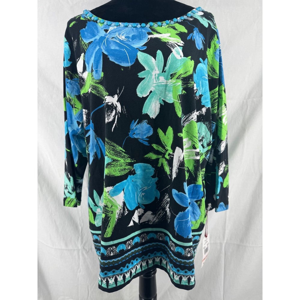 Ruby Rd Woman 2X Floral Knit Top Blue Green Beaded Neck 3/4 Sleeve 95657 NEW
